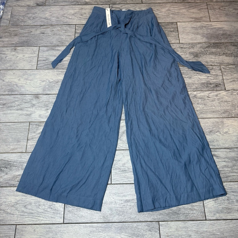 Womens L Wide Leg Pants Blue boho beach Hippie front Tie Elastic Waist NEW